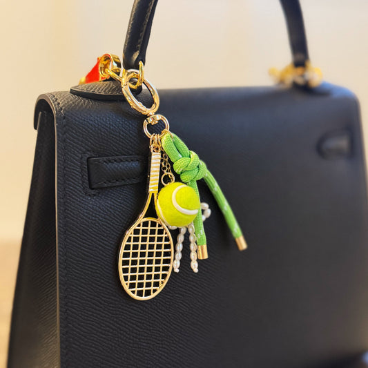 Match Point Tennis Bag Charm – Sporty Gold & Neon Pop with Racket and